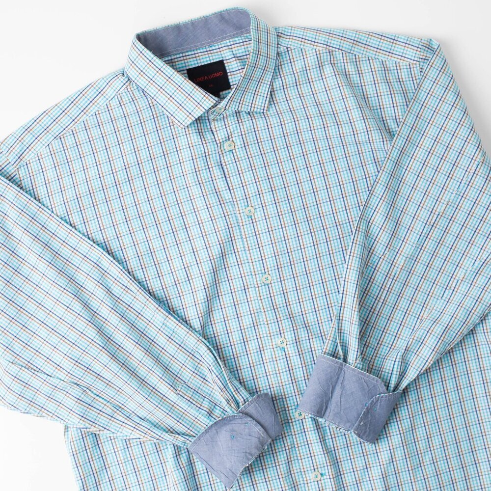 LINEA UOMO Men's‎ XXL Blue Plaid Flip Cuff Button Up Shirt